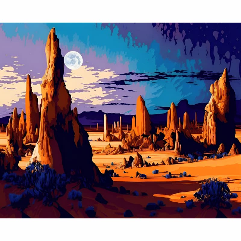 Desert rock formations under a pale moon with indigo shadows - Paint by Numbers Kit