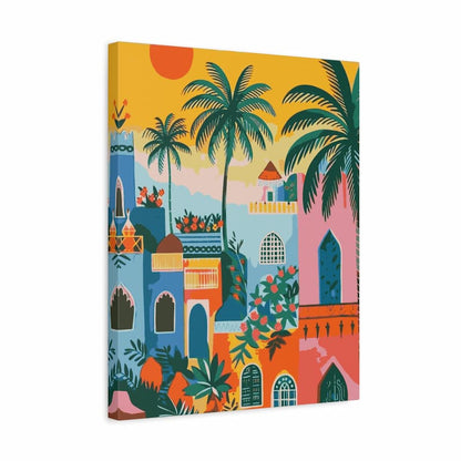 colourful Moroccan-style buildings with palm trees and sun, paint by numbers artwork