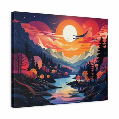 Canvas print of a stylized landscape with a sunset over mountains and trees.