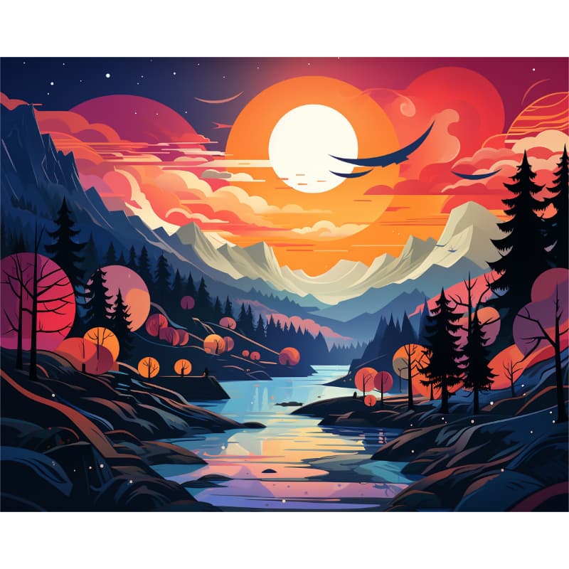 Colorful landscape with mountains, trees, and a river under a vibrant sunset.