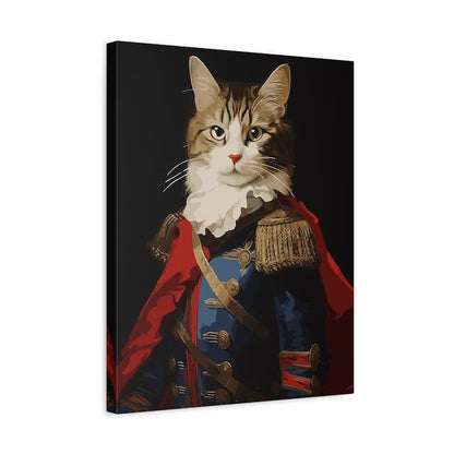Canvas print of a cat dressed in a historical military uniform on a black background
