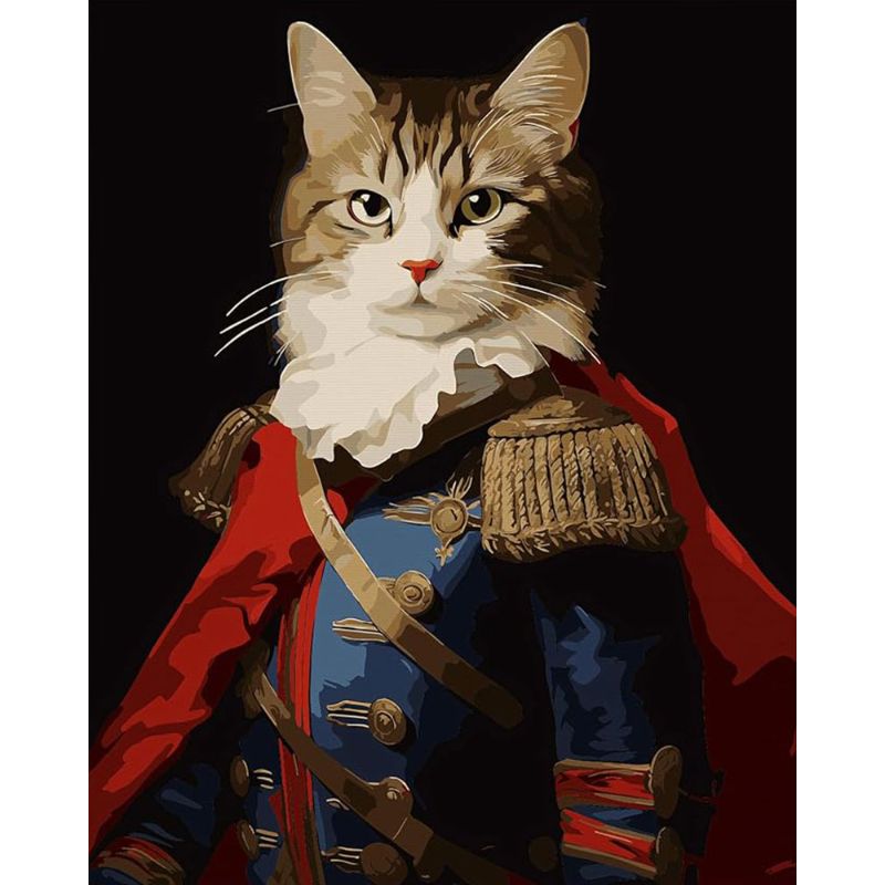 Cat in a Nepolian costume with a red cape and blue outfit on a black background