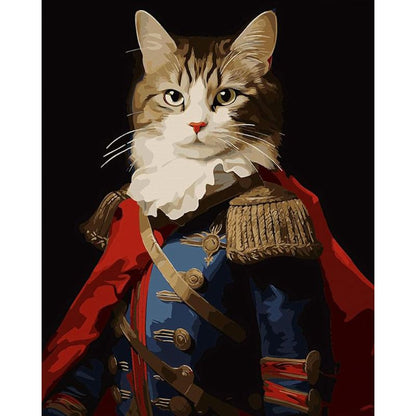 Cat in a Nepolian costume with a red cape and blue outfit on a black background