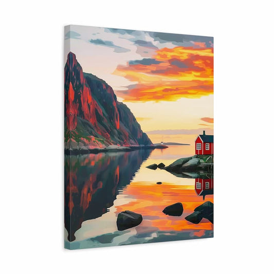 Canvas print of a scenic landscape with mountains, lake, and house at sunset.