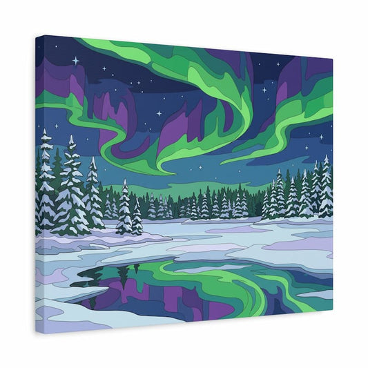 Canvas print of a winter landscape with aurora borealis and snow-covered trees.
