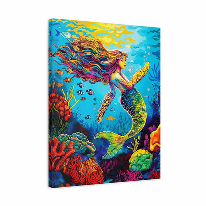 Colorful mermaid painting with underwater scene on a white background