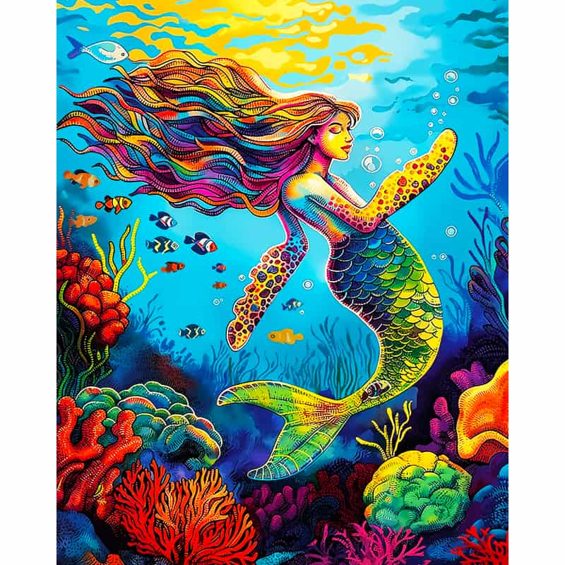 Colorful mermaid illustration in an underwater scene with fish and coral.
