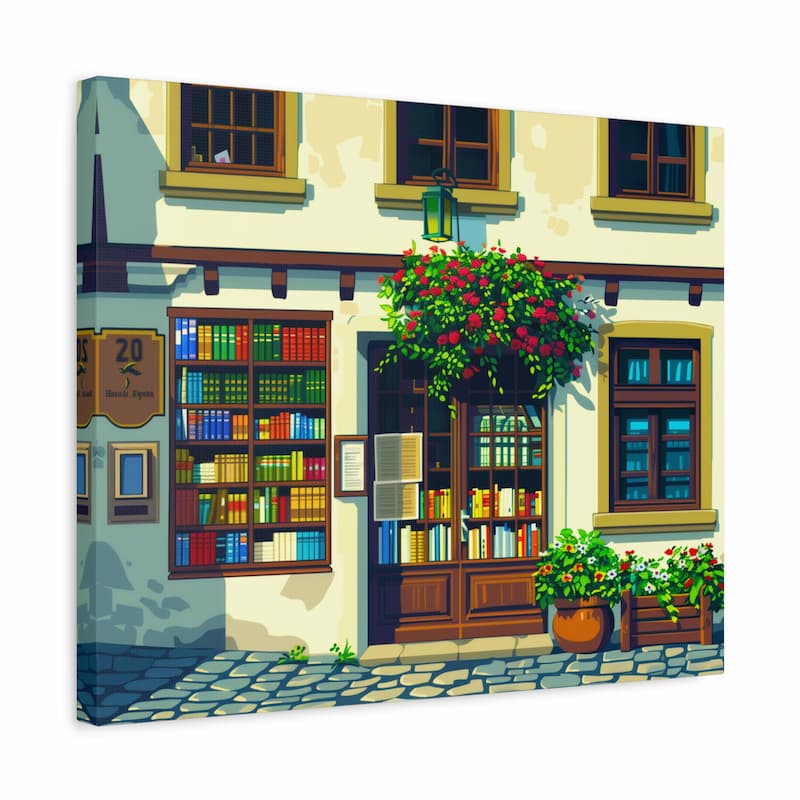 Illustration of a quaint bookstore with bookshelves and flowers on a white background