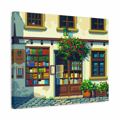 Illustration of a quaint bookstore with bookshelves and flowers on a white background
