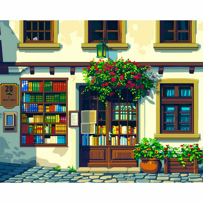 Colorful illustration of a bookshop with books and plants on a street.