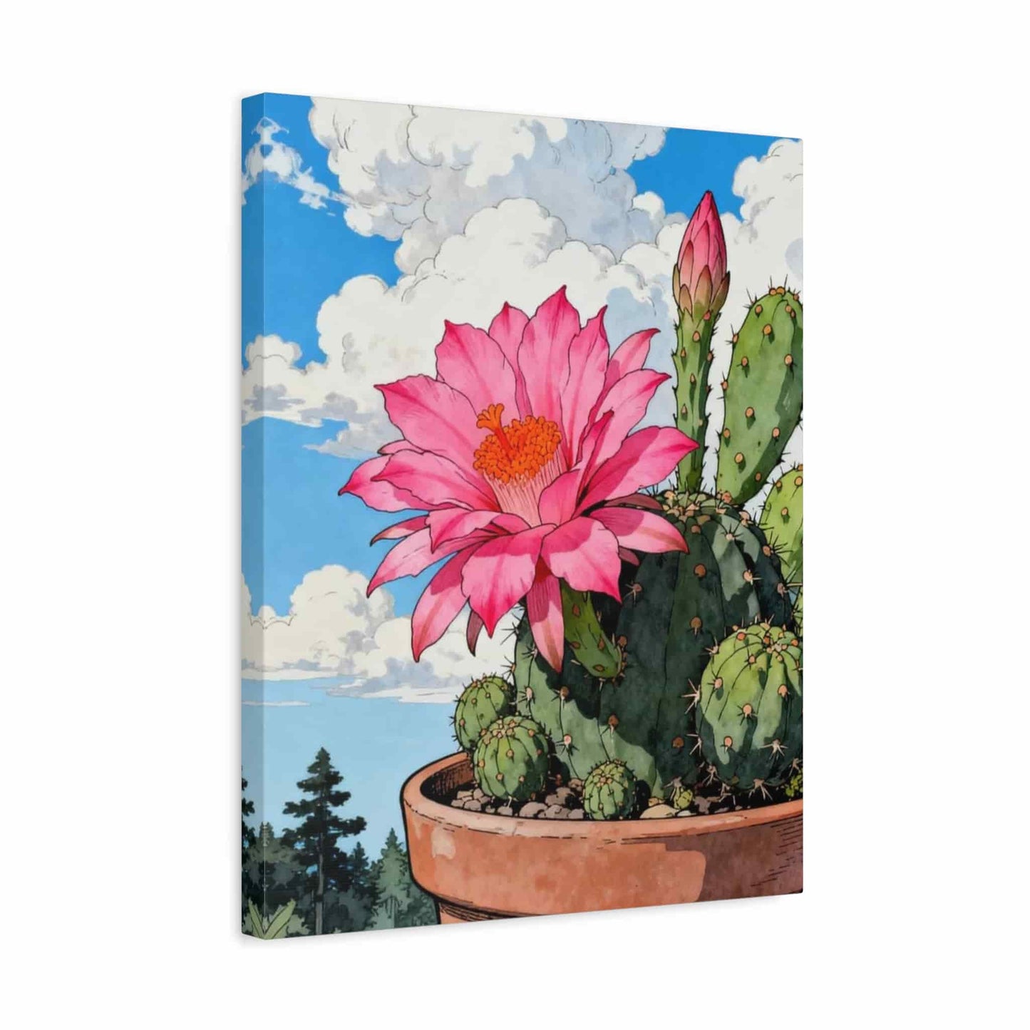 A vertical canvas wall art print featuring an illustration of a potted cactus with a large pink flower blooming under a blue sky with white clouds.
