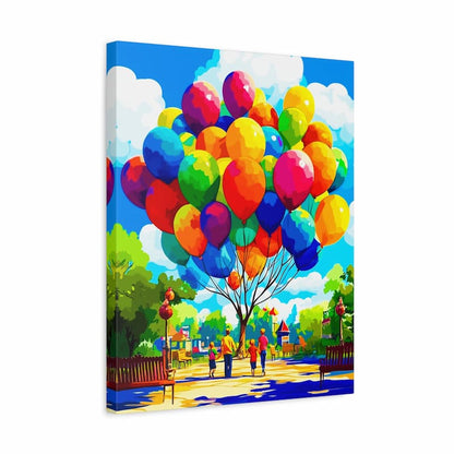 Canvas print of colorful balloons over a park scene with people.