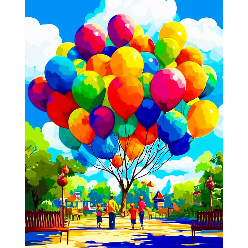 Colorful balloons floating above a park with people and trees.