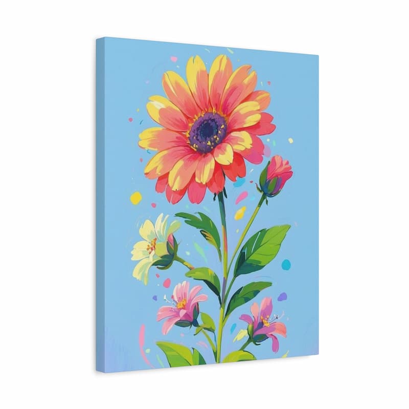 A vertical canvas wall art print featuring a colorful floral illustration with a large yellow and orange flower, green leaves, and smaller pink and white blossoms on a light blue background.