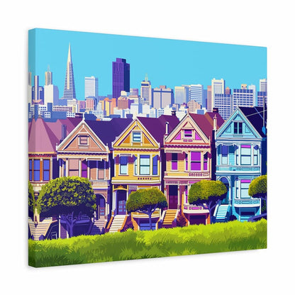 Colorful depiction of Victorian houses with a city skyline in the background