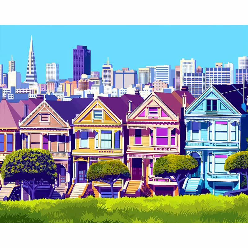 Colorful row houses with a city skyline in the background