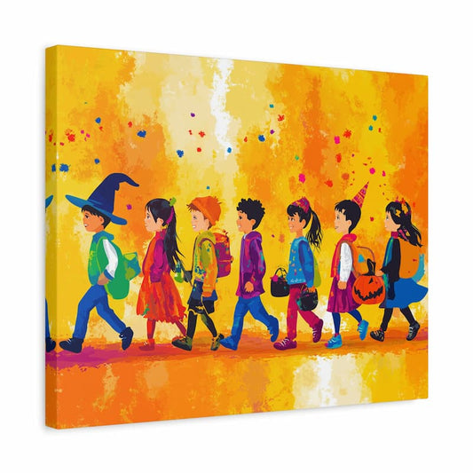 Canvas print of children in costumes walking together on a yellow and orange background
