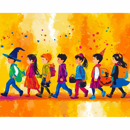 Illustration of children in costumes walking against a colorful background