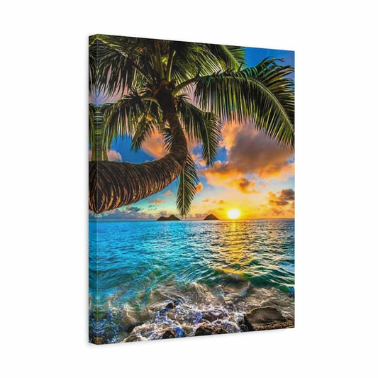 Canvas print of a tropical sunset with palm trees and ocean.