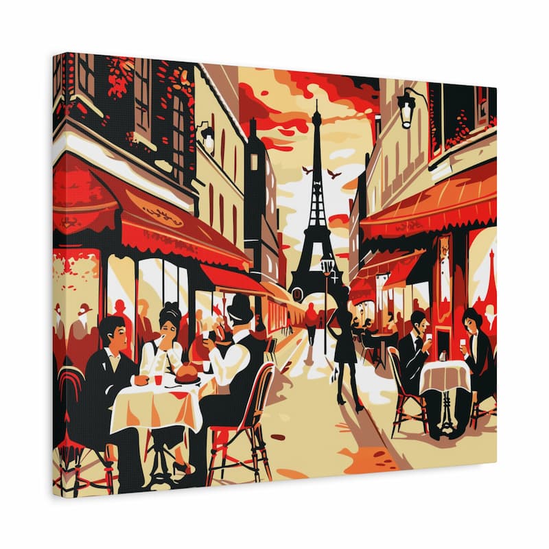Canvas print of a Parisian street scene with people dining and the Eiffel Tower in the background.