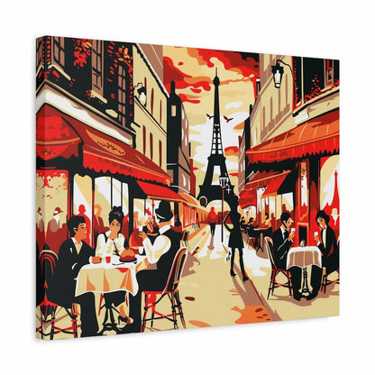 Canvas print of a Parisian street scene with people dining and the Eiffel Tower in the background.