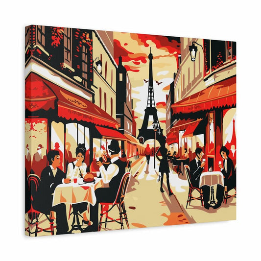 Canvas print of a Parisian street scene with people dining and the Eiffel Tower in the background.