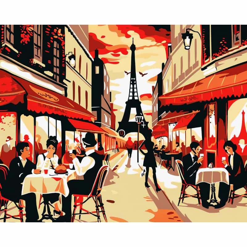 Illustration of a Parisian street scene with people dining and the Eiffel Tower in the background.