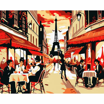 Illustration of a Parisian street scene with people dining and the Eiffel Tower in the background.