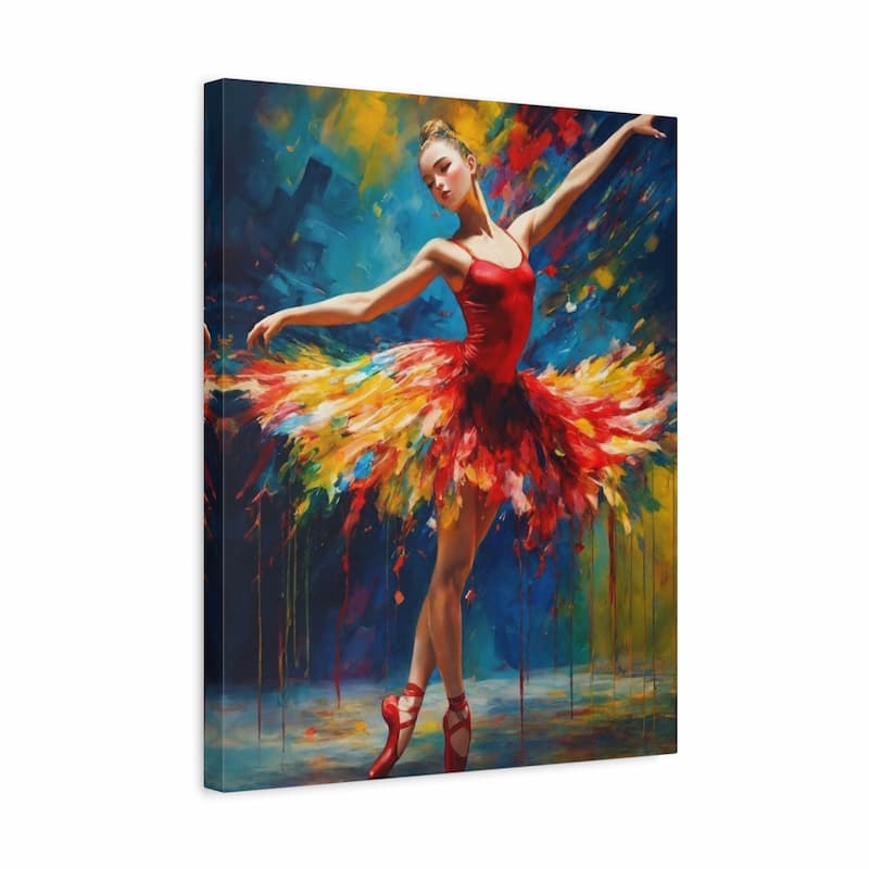 Abstract painting of a dancer in a bold red dress with explosive colours - Paint by Numbers Kit shown in a frame