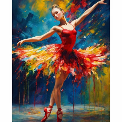 Abstract painting of a dancer in a bold red dress with explosive colours - Paint by Numbers Kit