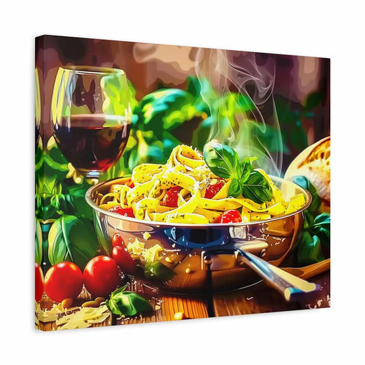 Framed artwork of a bowl of pasta with a glass of red wine and vegetables on a wooden table.