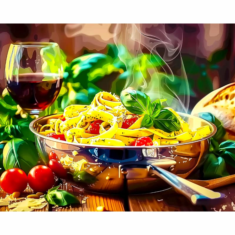 Steaming pasta dish with tomatoes and basil, accompanied by a glass of red wine on a wooden table.