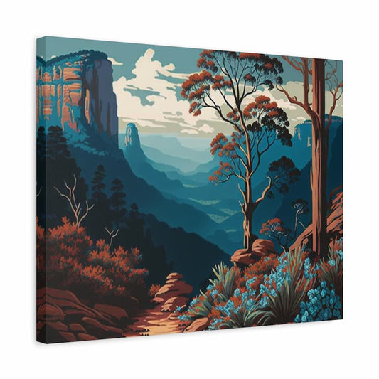 Mountain landscape with a winding path leading towards blue hills and tall trees - Paint by Numbers Kit shown in a frame