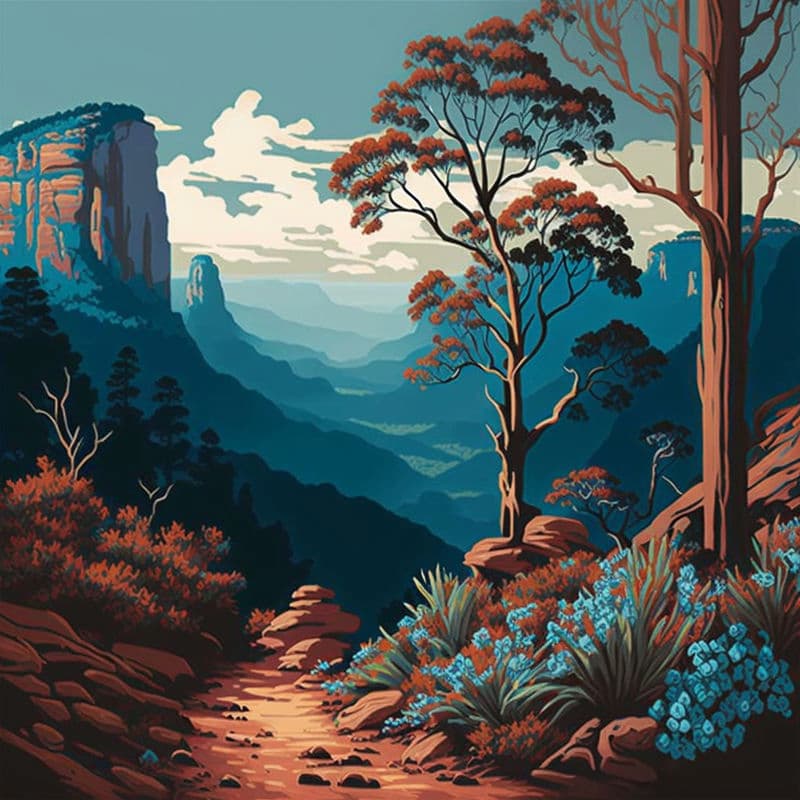 Mountain landscape with a winding path leading towards blue hills and tall trees - Paint by Numbers Kit