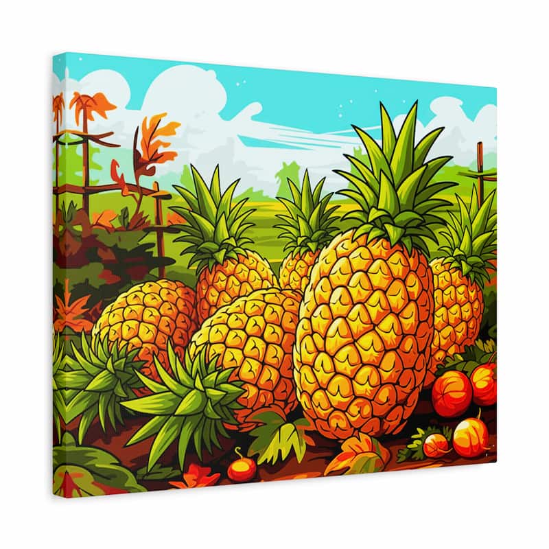 Canvas print of a tropical scene with pineapples and palm trees.