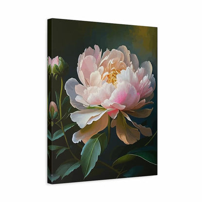 Canvas print of a pink flower with green leaves on a dark background