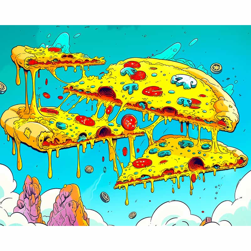 Colorful illustration of a pizza with various toppings against a blue sky background