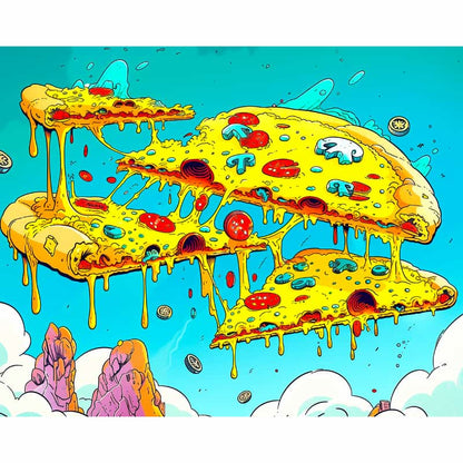 Colorful illustration of a pizza with various toppings against a blue sky background