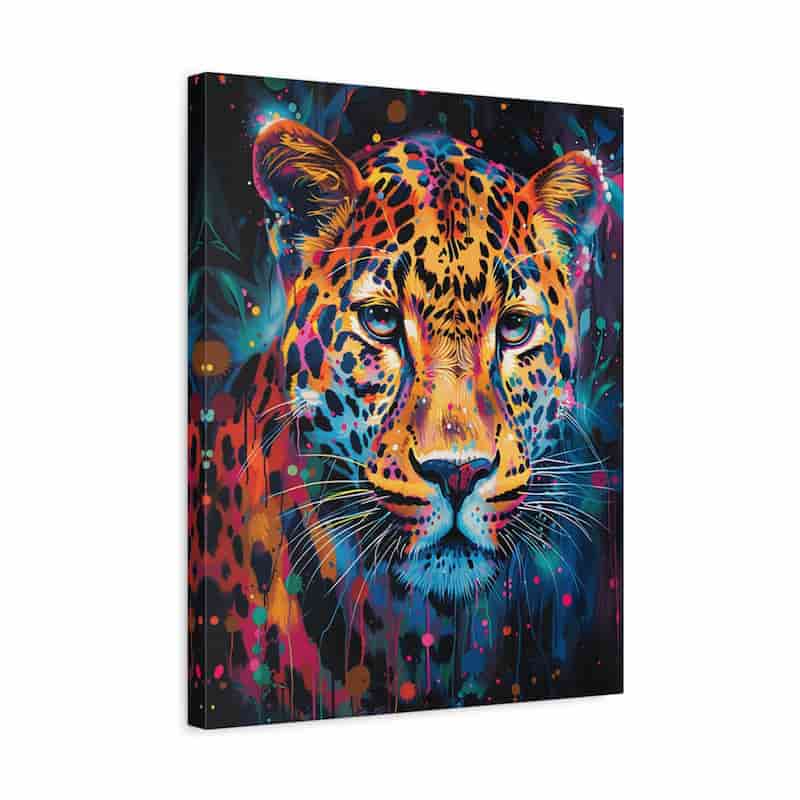 Canvas print of a colorful leopard on a black background