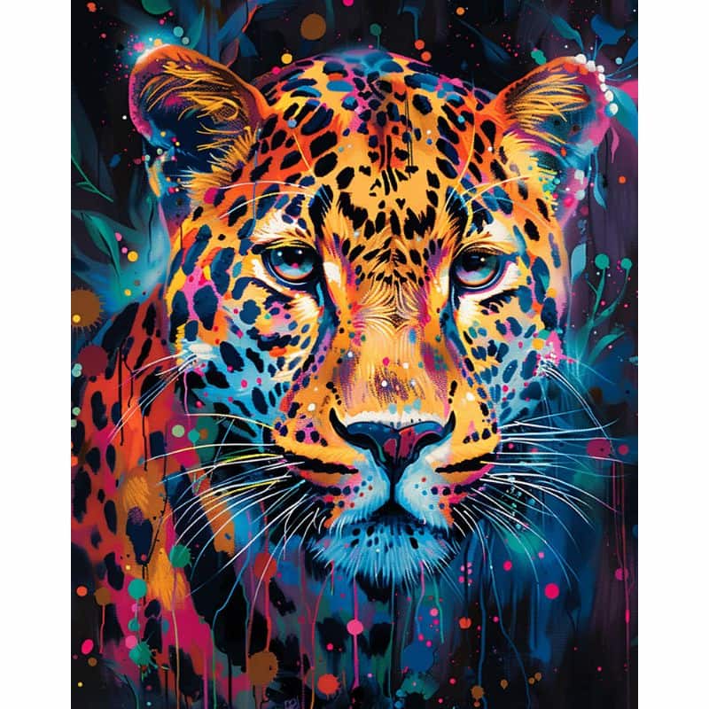 Colorful abstract painting of a leopard's face with vibrant splashes of color on a dark background.