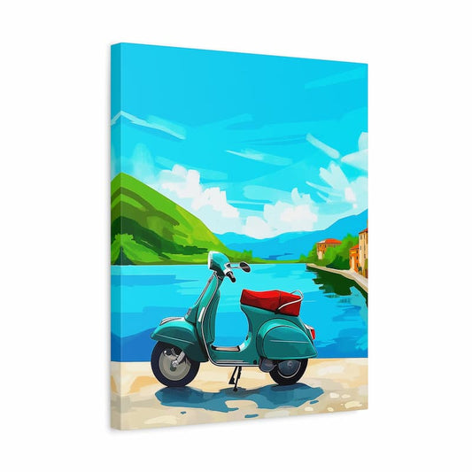 Canvas print of a scooter by a lake with mountains and buildings in the background.