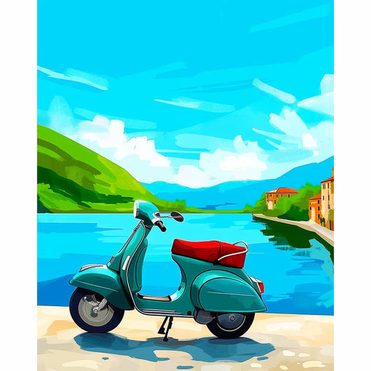 Vintage scooter by a lakeside with mountains and buildings in the background