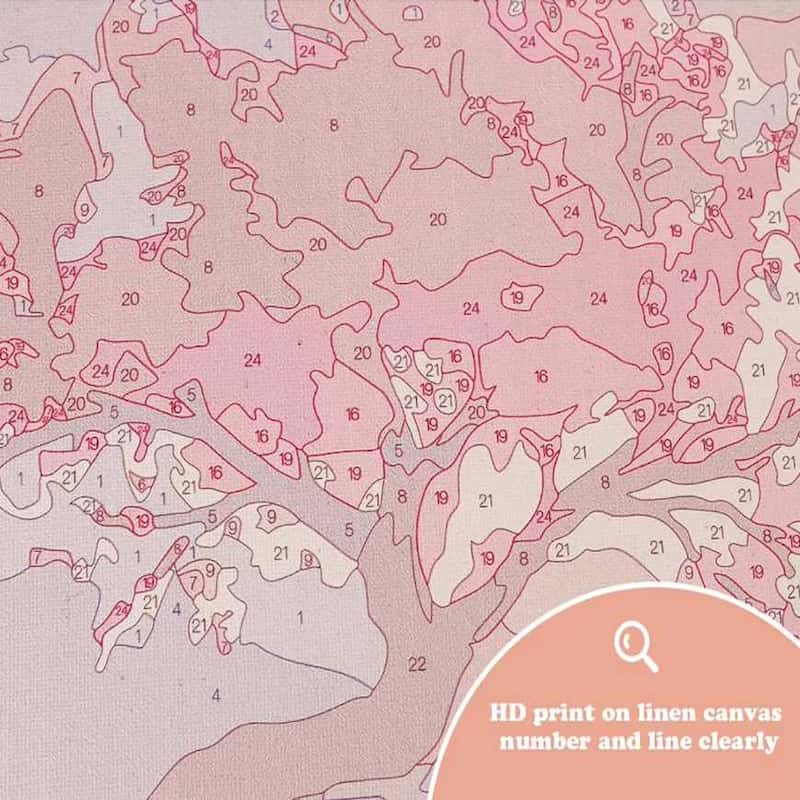 Textured pink and beige pattern on a paint by numbers canvas with numbers and lines, resembling a topographic map