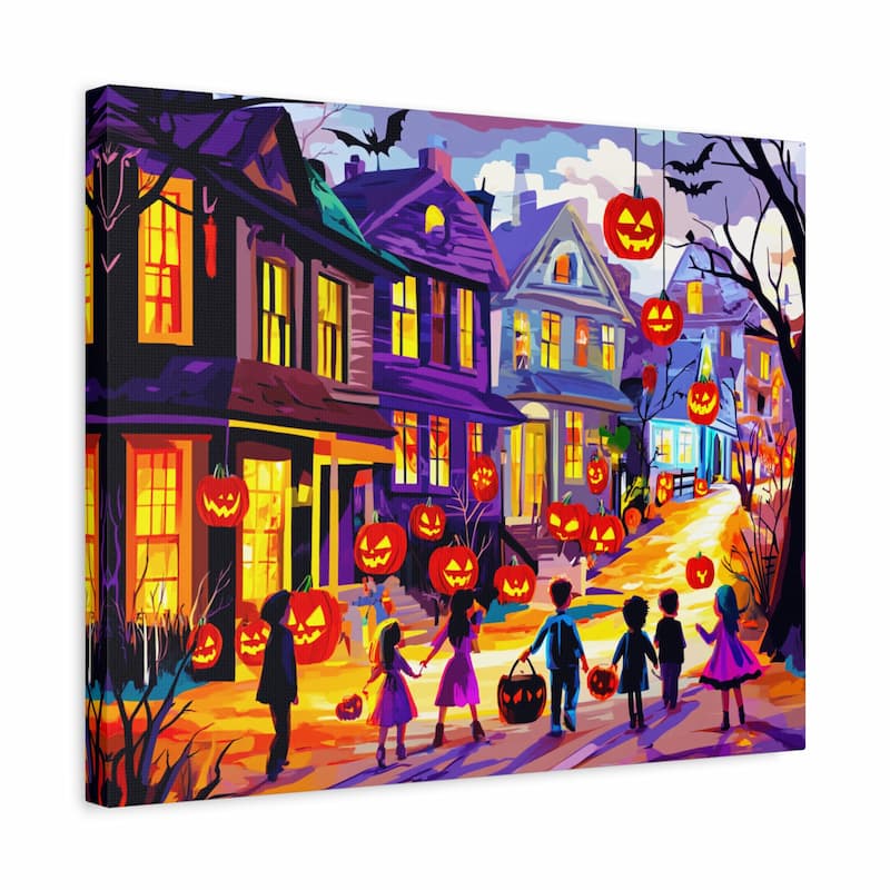 Halloween-themed painting of children trick-or-treating in a neighborhood with lit windows and jack-o'-lanterns.