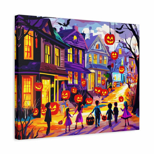 Halloween-themed painting of children trick-or-treating in a neighborhood with lit windows and jack-o'-lanterns.