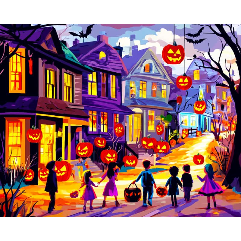 Halloween-themed street scene with pumpkins, children trick-or-treating, and glowing windows.