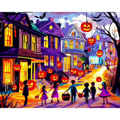 Halloween-themed street scene with pumpkins, children trick-or-treating, and glowing windows.