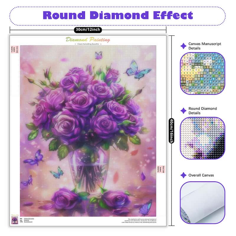A diamond painting canvas featuring a bouquet of purple roses in a glass vase, surrounded by butterflies on a pastel pink and lavender background. The image includes informational overlays explaining the 'Round Diamond Effect,' dimensions (30cm/12inch), close-up detail areas, and the overall canvas.