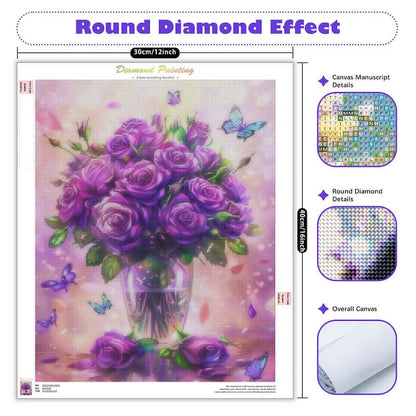 A diamond painting canvas featuring a bouquet of purple roses in a glass vase, surrounded by butterflies on a pastel pink and lavender background. The image includes informational overlays explaining the 'Round Diamond Effect,' dimensions (30cm/12inch), close-up detail areas, and the overall canvas.