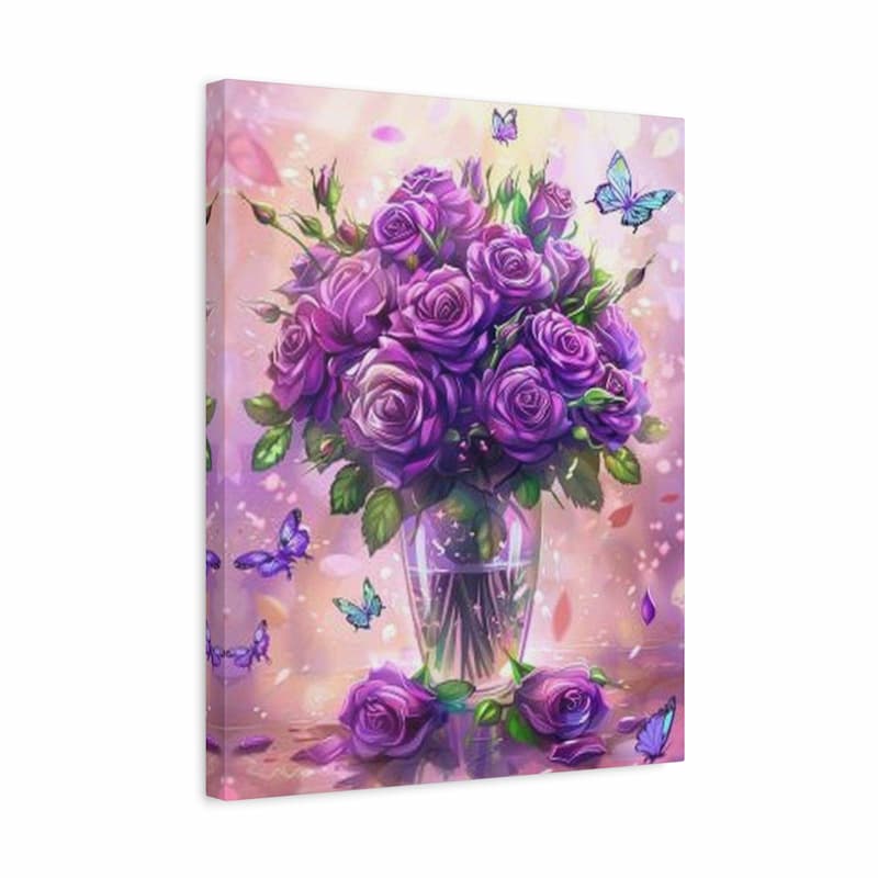 A vertical canvas wall art print featuring a bouquet of purple roses in a clear glass vase with blue butterflies and a soft pink-purple background.